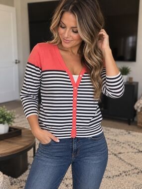 Striped Button-Front Cardigan Sweater in Coral and Navy